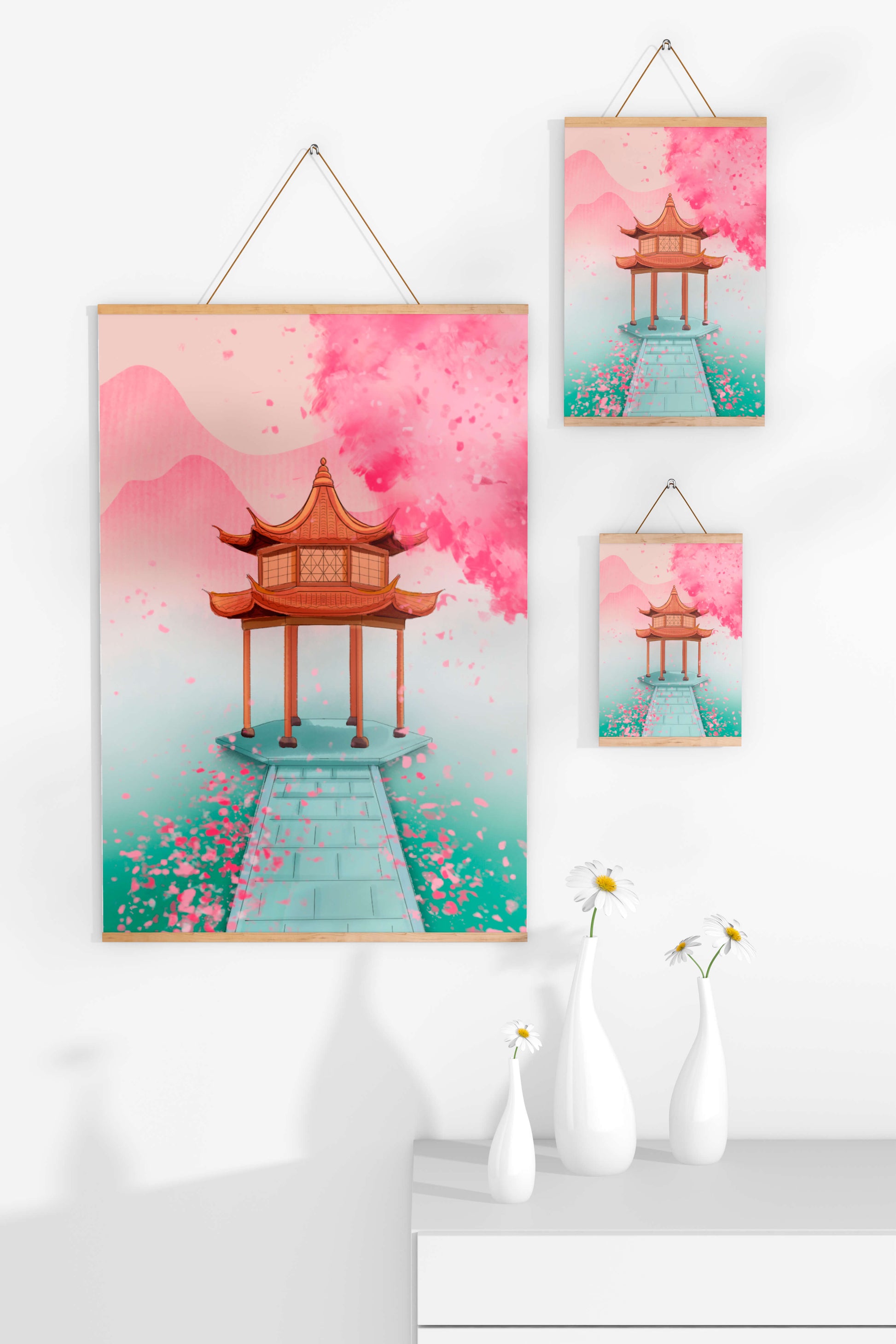 Traditional Asian gazebo surrounded by cherry blossoms