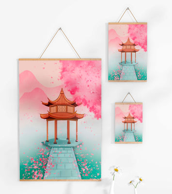 Traditional Asian gazebo surrounded by cherry blossoms