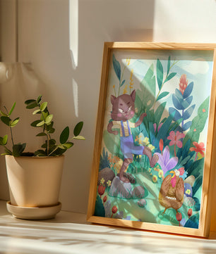 Playful Cat and Chicken in Vibrant Forest Scene Illustration