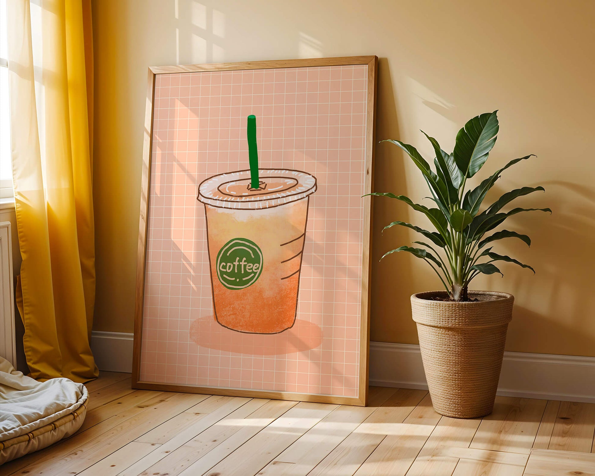 Illustrated iced coffee cup on peach grid background