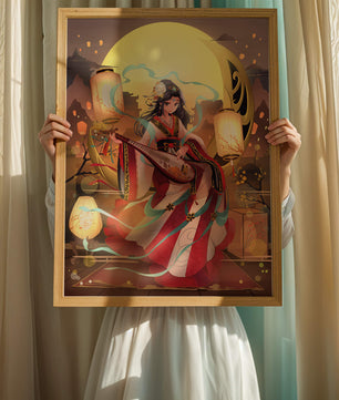 Traditional Asian woman playing musical instrument under moonlight