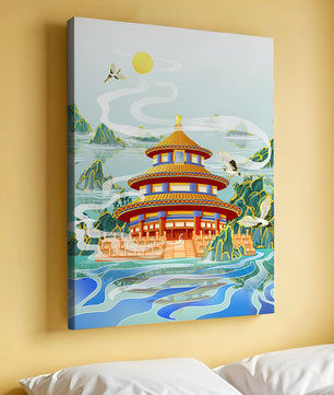 Alter chinesischer Pavillon am Wasser mit Kranichen und Bergen