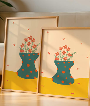 Floral Illustration with Polka Dot Vase on Colorful Background - Mi tienda