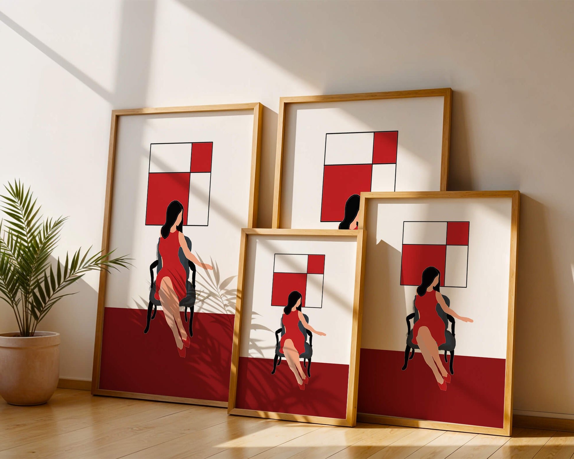 Mujer abstracta en vestido rojo sentada en una silla con arte geométrico en la pared