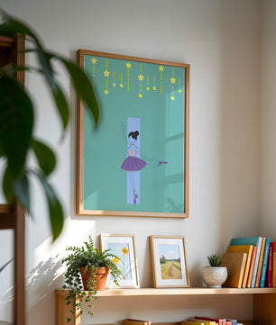 Elegant ballerina illustration with stars on a teal background