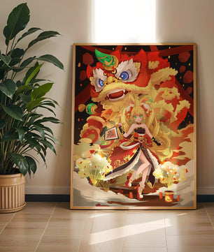 Colorful anime-inspired scene with a lion dance and festive character