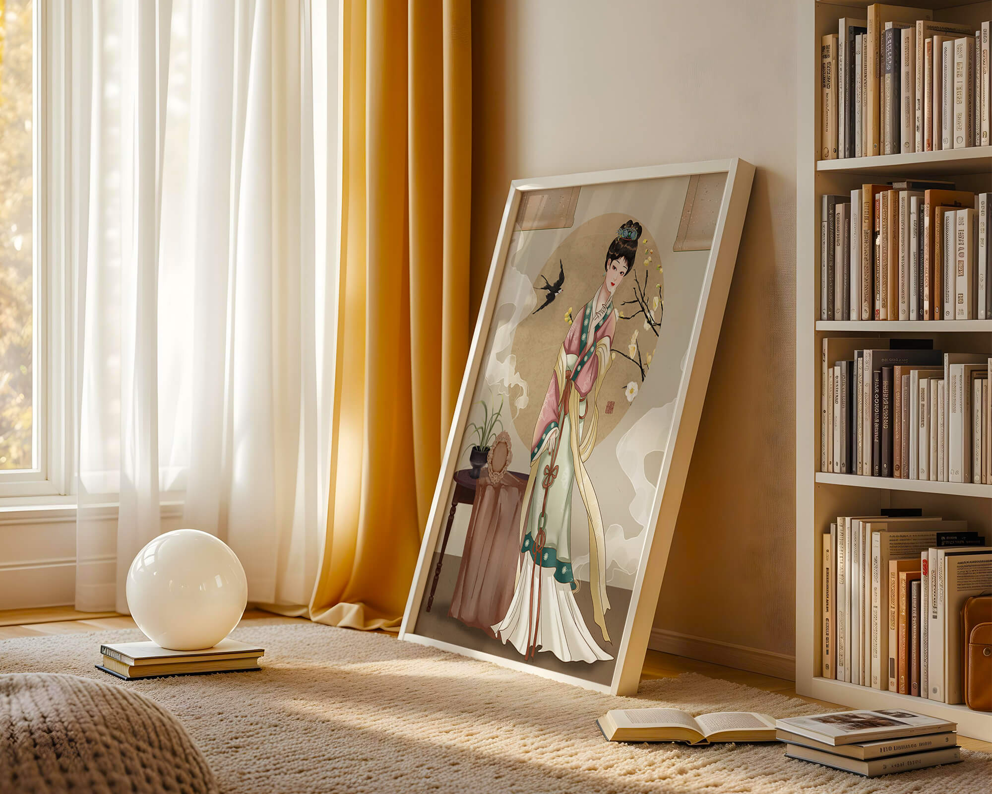 Elegant traditional Asian lady in classic attire with nature elements