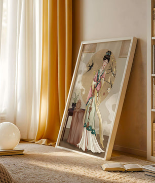 Elegante traditionelle asiatische Dame in klassischer Kleidung mit Naturelementen