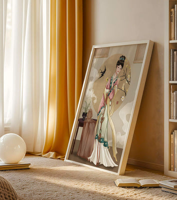 Elegant traditional Asian lady in classic attire with nature elements
