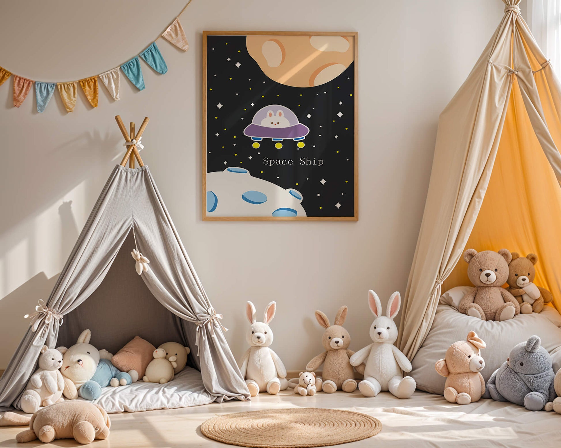 Cute bunny in spaceship with planets and stars in space illustration