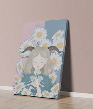 Ilustración de una niña con margaritas y cuernos sobre un fondo pastel