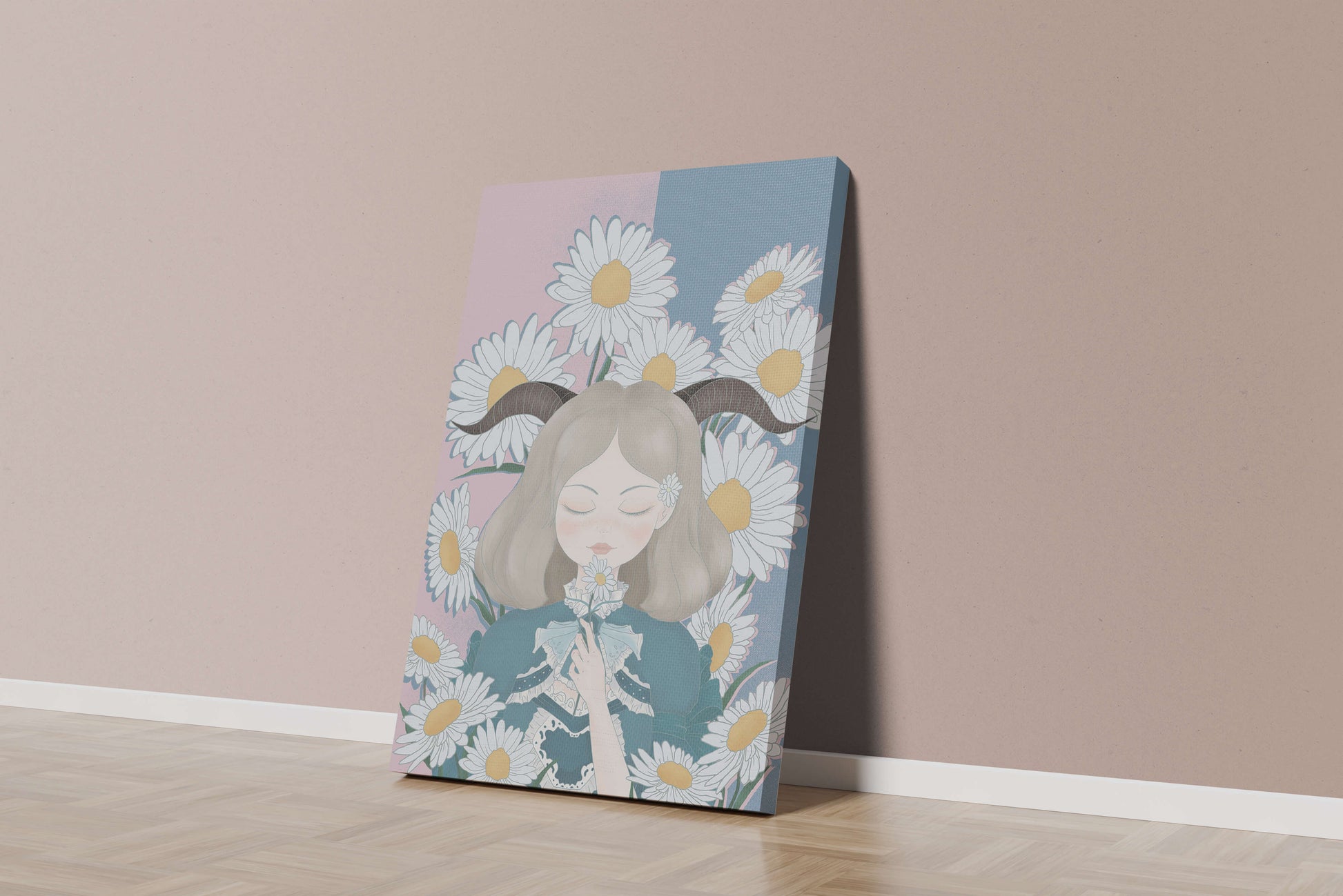 Illustration of girl with daisies and horns on a pastel background
