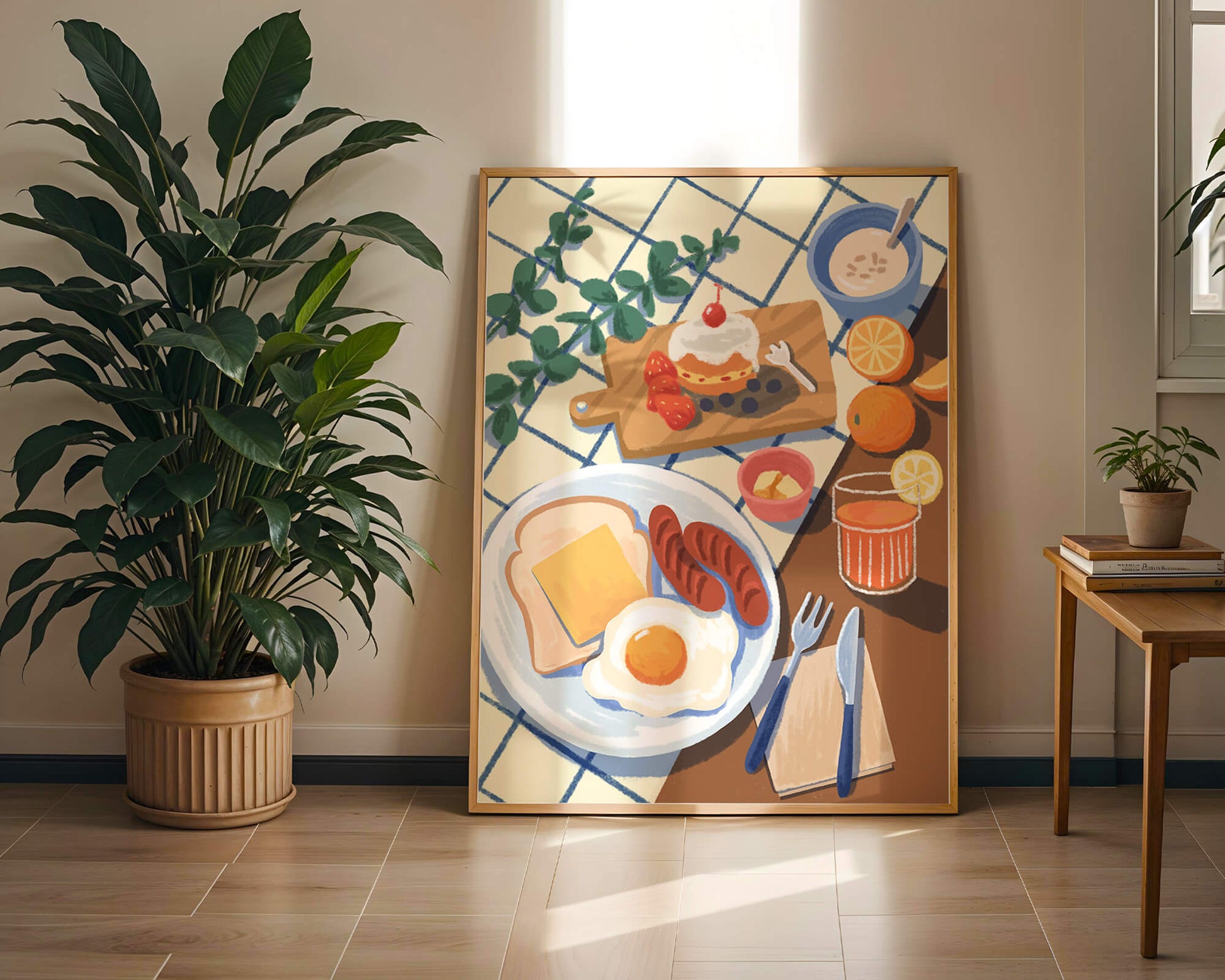 Escena de desayuno colorida con comida y bebida