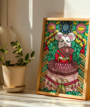 Ratón decorativo encantador con elementos asiáticos y monedas sobre un fondo vibrante