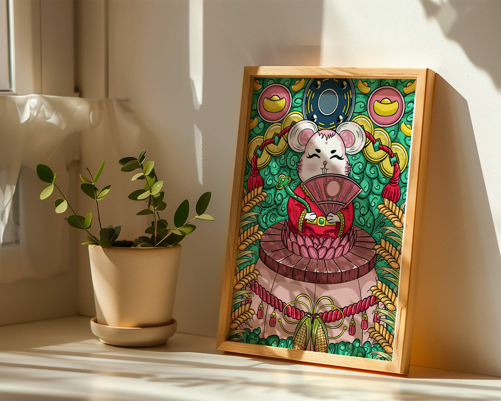 Encantador ratón decorativo con elementos asiáticos y monedas sobre un fondo vibrante.