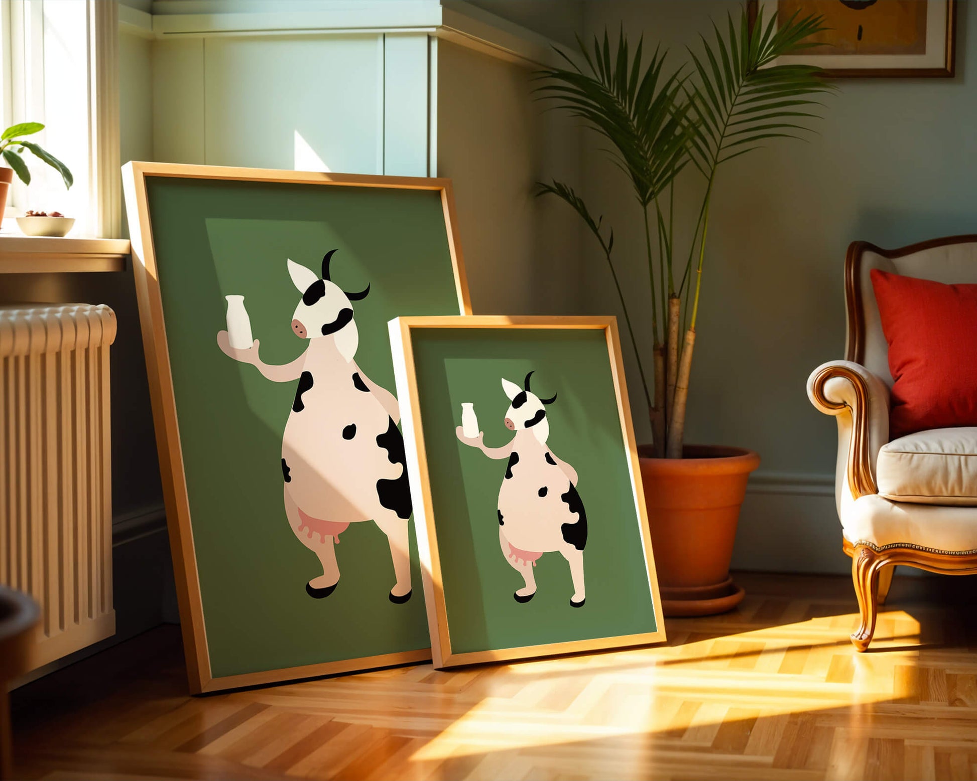 Illustration of anthropomorphic cow holding a milk bottle on green background