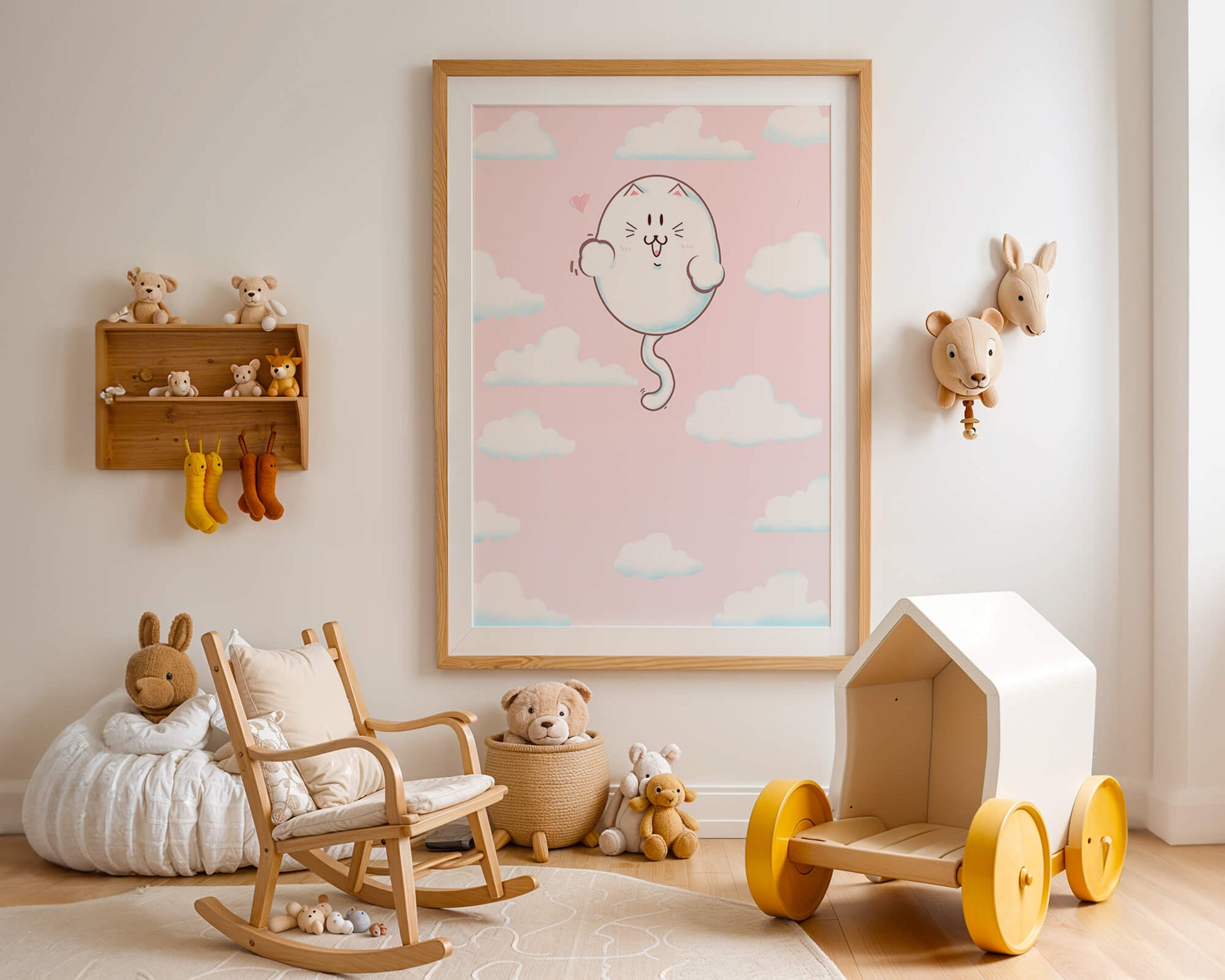 Gato flotante caprichoso en un cielo pastel con nubes esponjosas