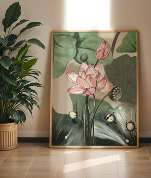 Illustrated lotus with playful cartoon bees in a serene garden