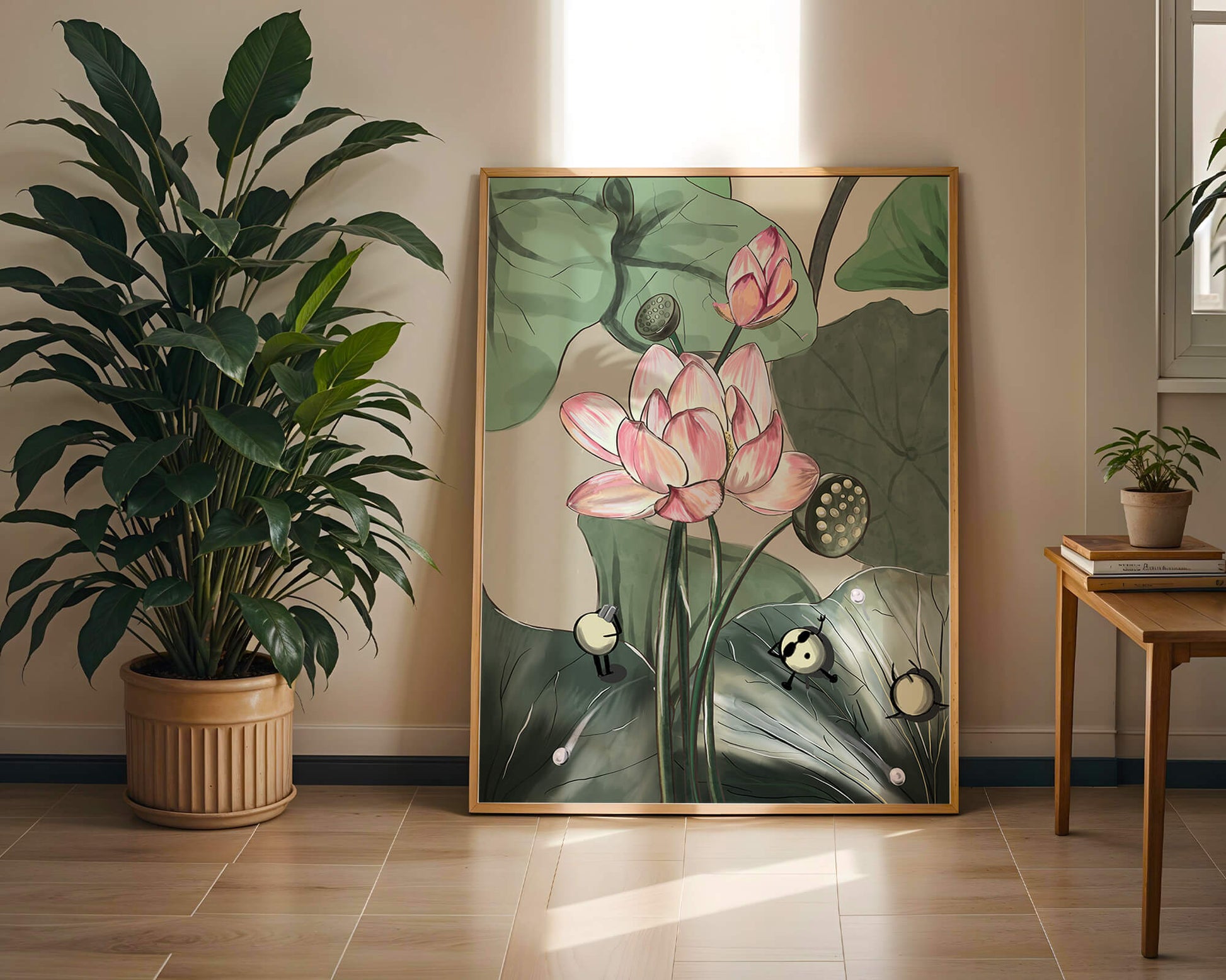 Illustrated lotus with playful cartoon bees in a serene garden