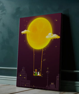 Whimsical night scene with a girl and a rabbit on a swing beneath a glowing moon
