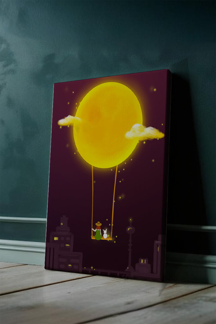 Whimsical night scene with a girl and a rabbit on a swing beneath a glowing moon