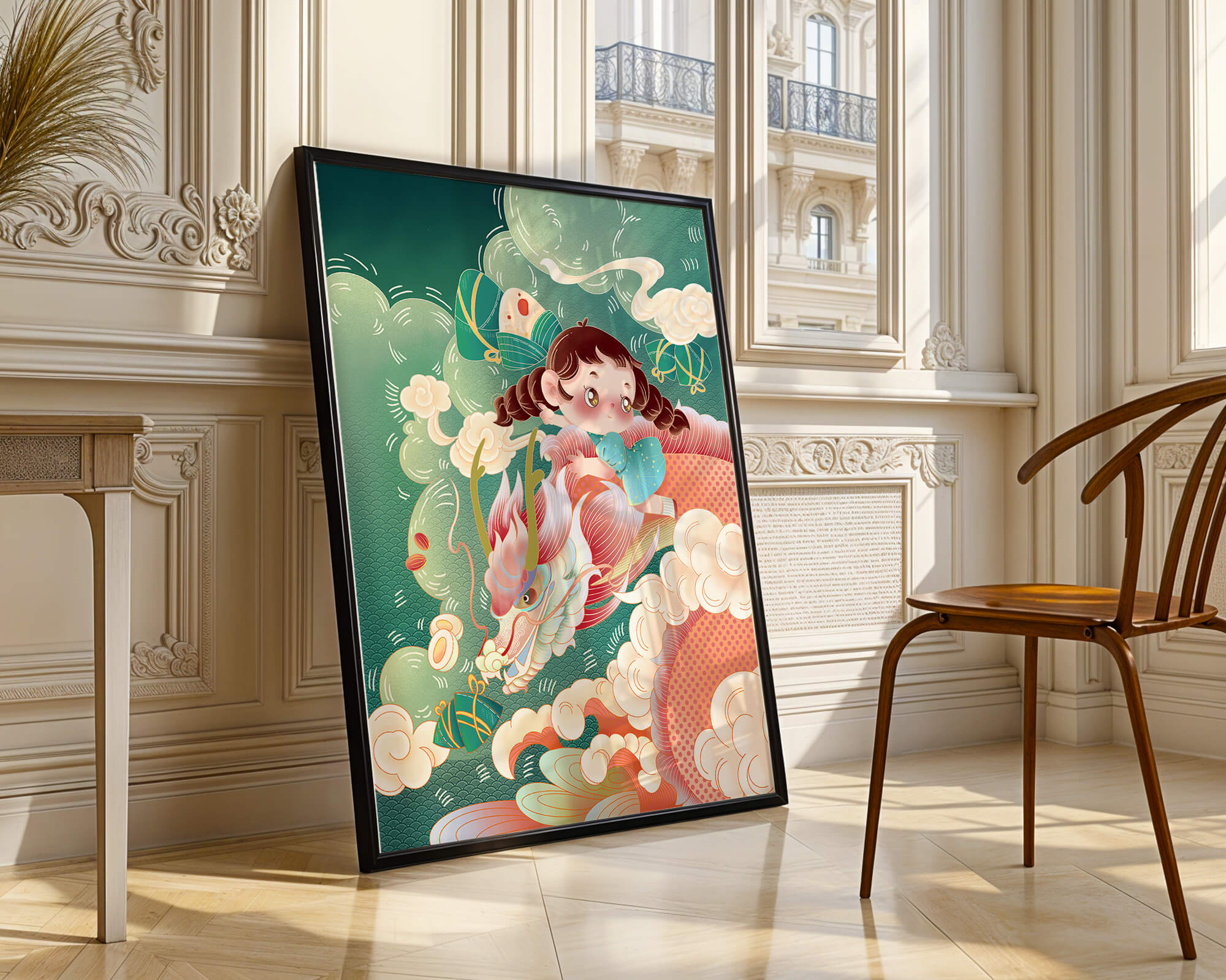 Whimsical scene of a girl riding a dragon through clouds