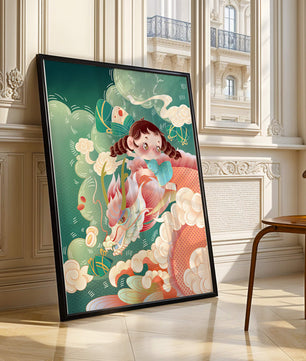 Whimsical scene of a girl riding a dragon through clouds