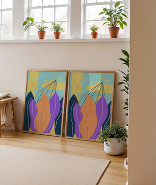 Abstract floral illustration with vibrant colors and geometric shapes