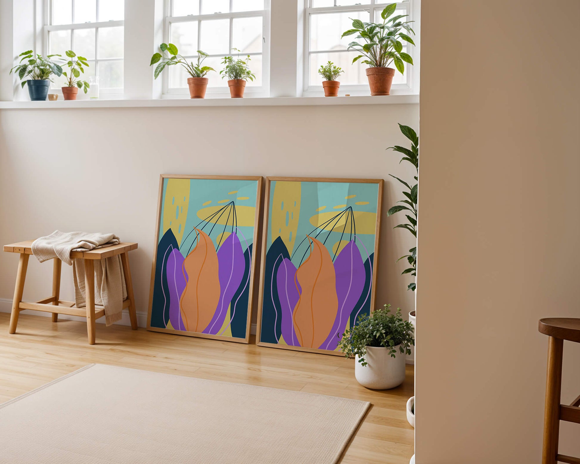 Abstract floral illustration with vibrant colors and geometric shapes