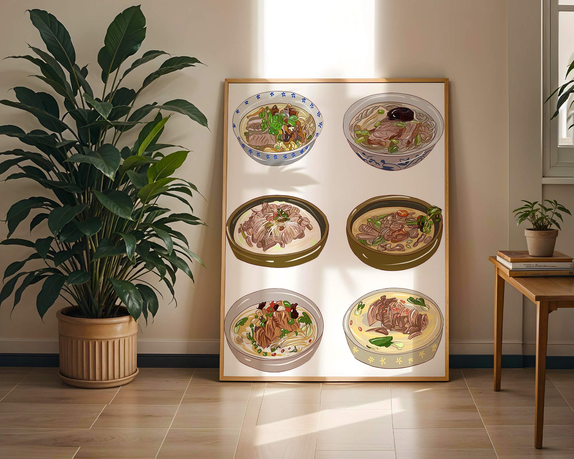Illustrated bowls of Asian noodle soups with herbs and vegetables