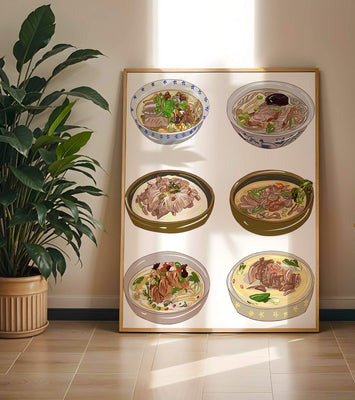 Illustrated bowls of Asian noodle soups with herbs and vegetables