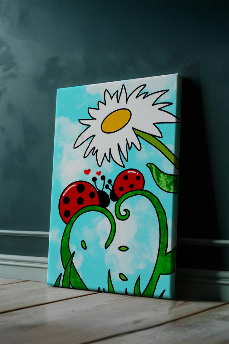 Ladybugs in love beneath a daisy on a bright sky