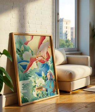 Escena ilustrativa de la cultura del té con montañas y elementos florales