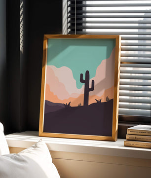 Abstract desert landscape with cactus silhouette at sunset