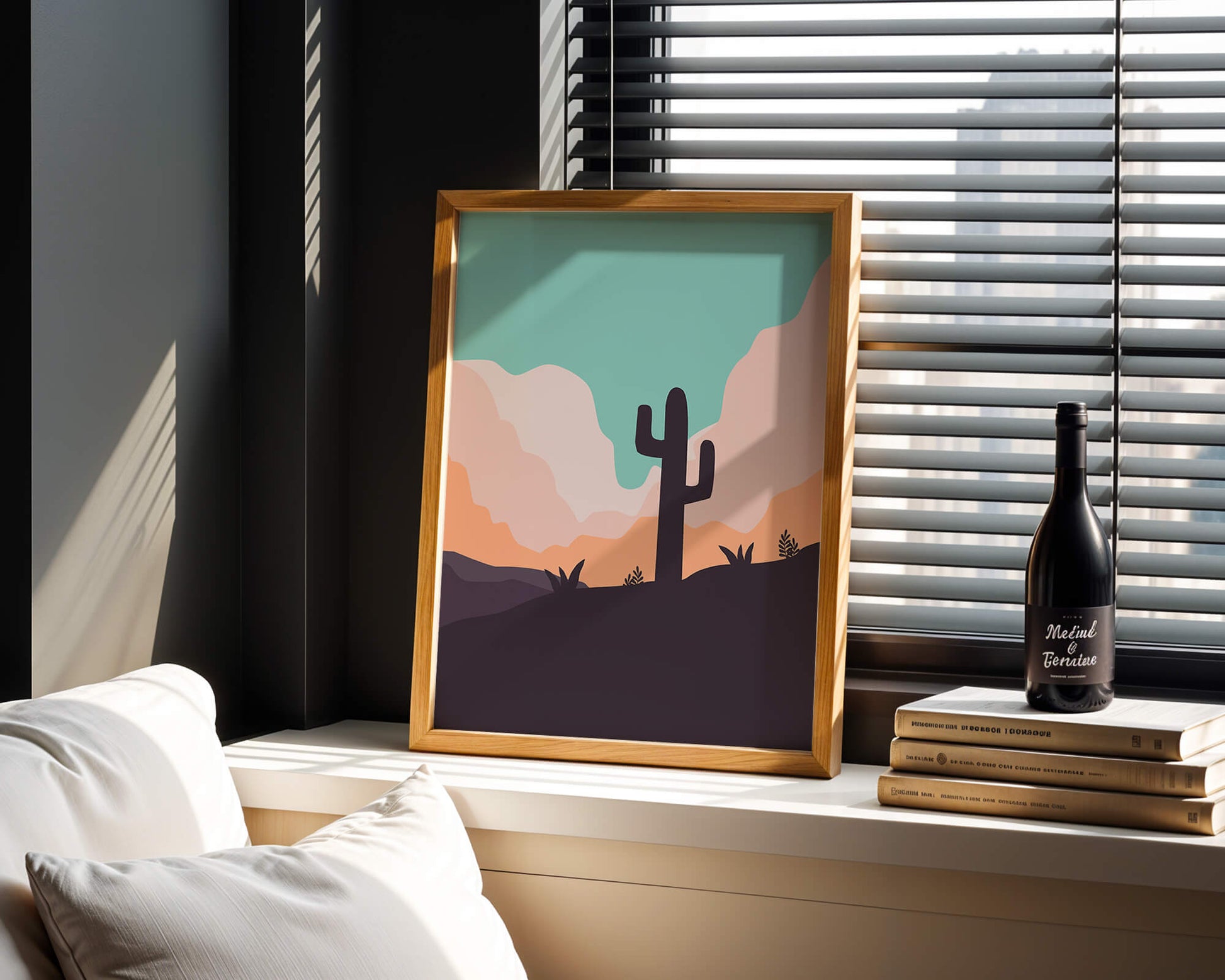 Abstract desert landscape with cactus silhouette at sunset