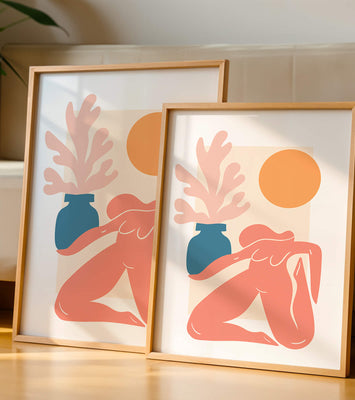 Abstract Nude Figure with Vase and Sun in Minimalist Style