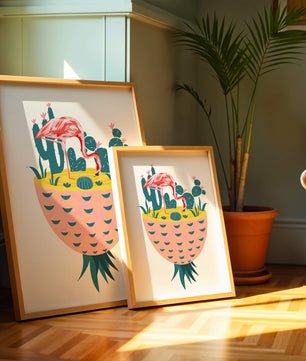 Ilustración de flamenco con cactus en jarrón de piña