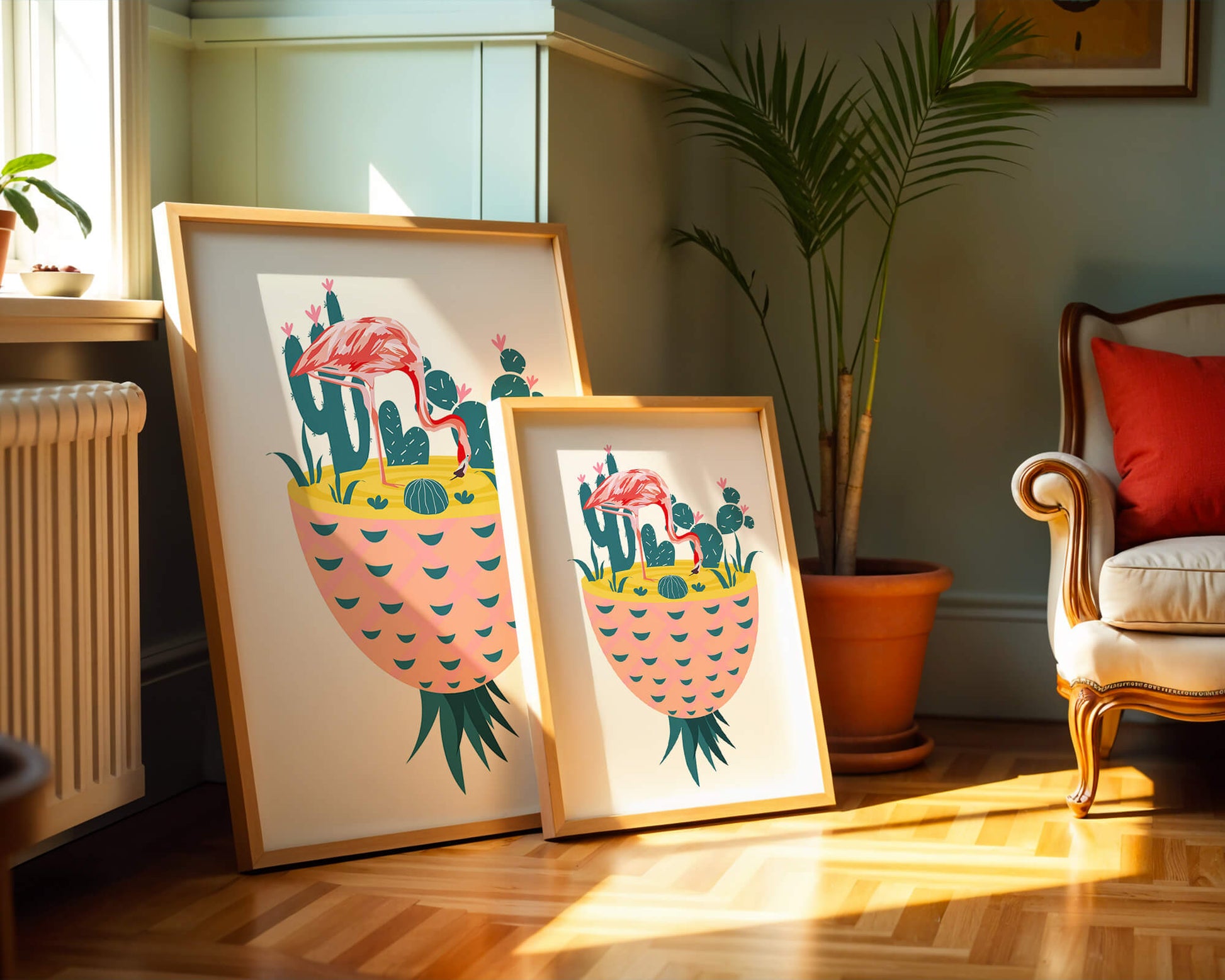 Ilustración de flamenco con cactus en jarrón de piña