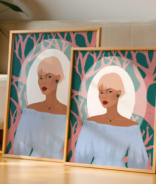 Illustration einer Frau mit einem pastellfarbenen Hintergrund aus abstrakten Bäumen