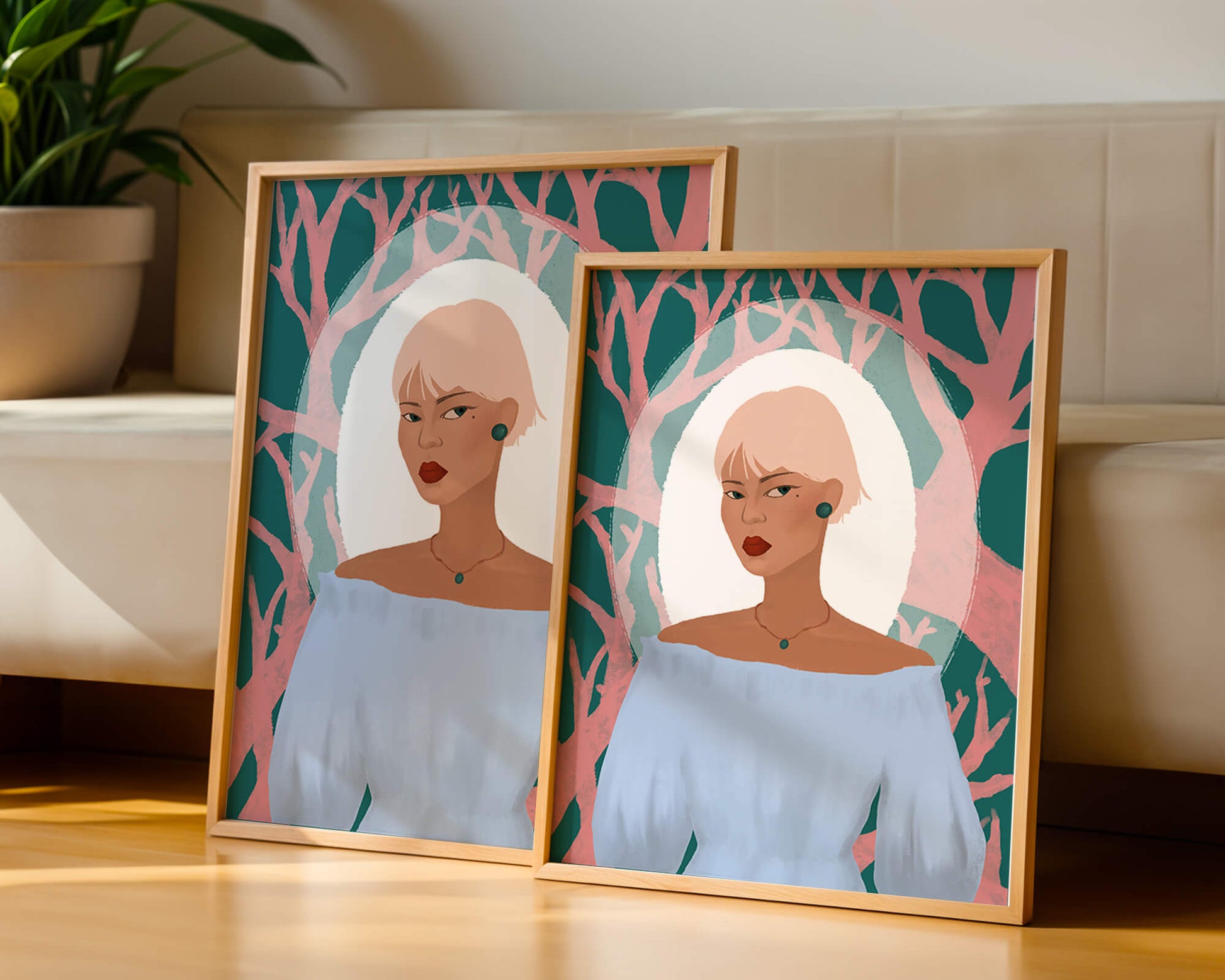 Illustration einer Frau mit einem pastellfarbenen Hintergrund aus abstrakten Bäumen