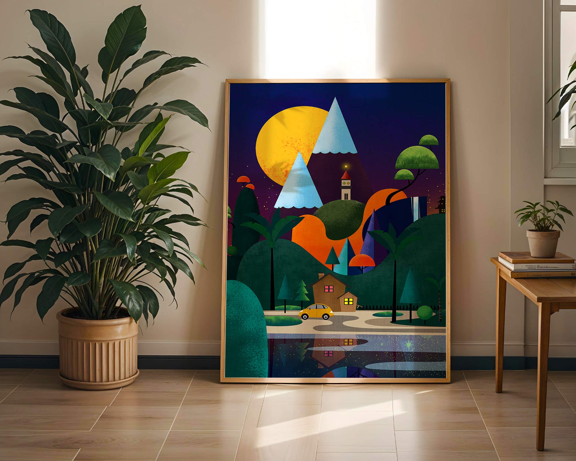 Colorful Modern Landscape with Geometric Elements and A House by The Lake Under The Night Sky