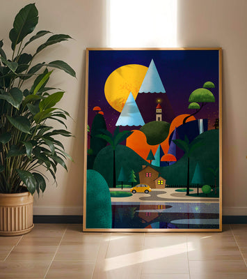 Colorful Modern Landscape with Geometric Elements and A House by The Lake Under The Night Sky