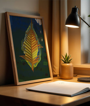 Abstract digital artwork featuring a vibrant multicolored leaf
