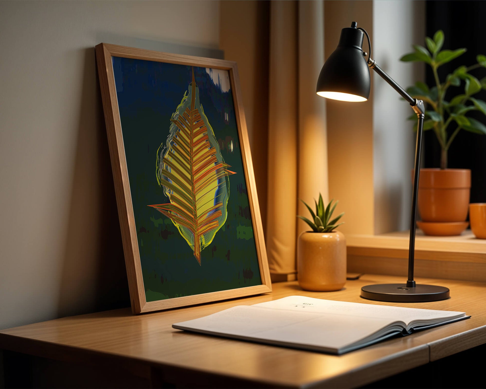 Abstract digital artwork featuring a vibrant multicolored leaf