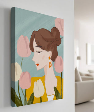 Serene woman surrounded by pastel tulips illustration