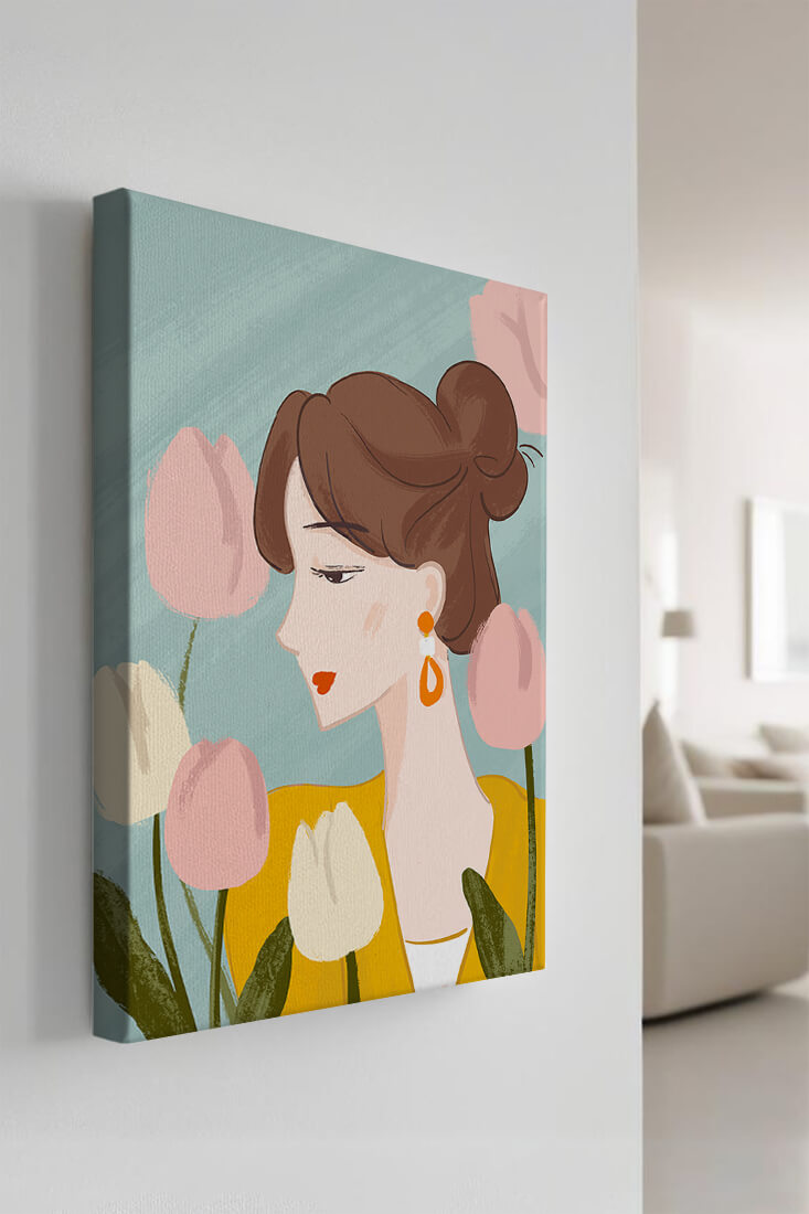 Serene woman surrounded by pastel tulips illustration