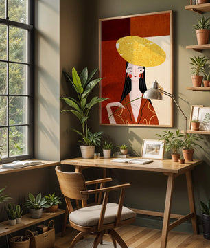 Elegant Woman with a Gold Hat and a Flower on a Red Background - Mi tienda