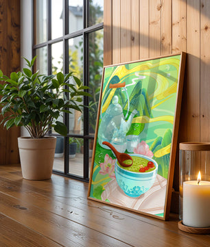 Tea ceremony with teapot and tea bowls amidst nature scenery