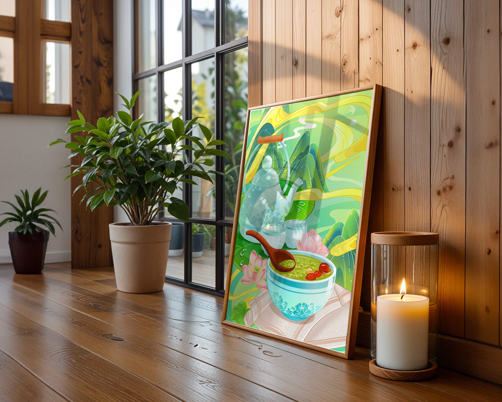Ceremonia del té con tetera y cuencos de té en medio de un paisaje natural.