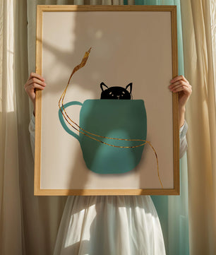 Katze in blaugrüner Tasse mit goldenen Elementen